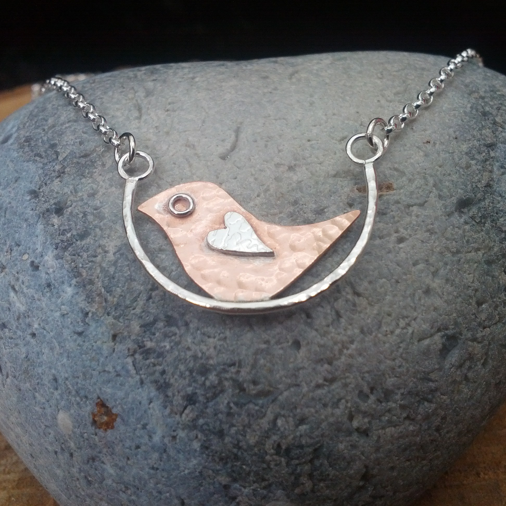 Copper and silver bird necklace
