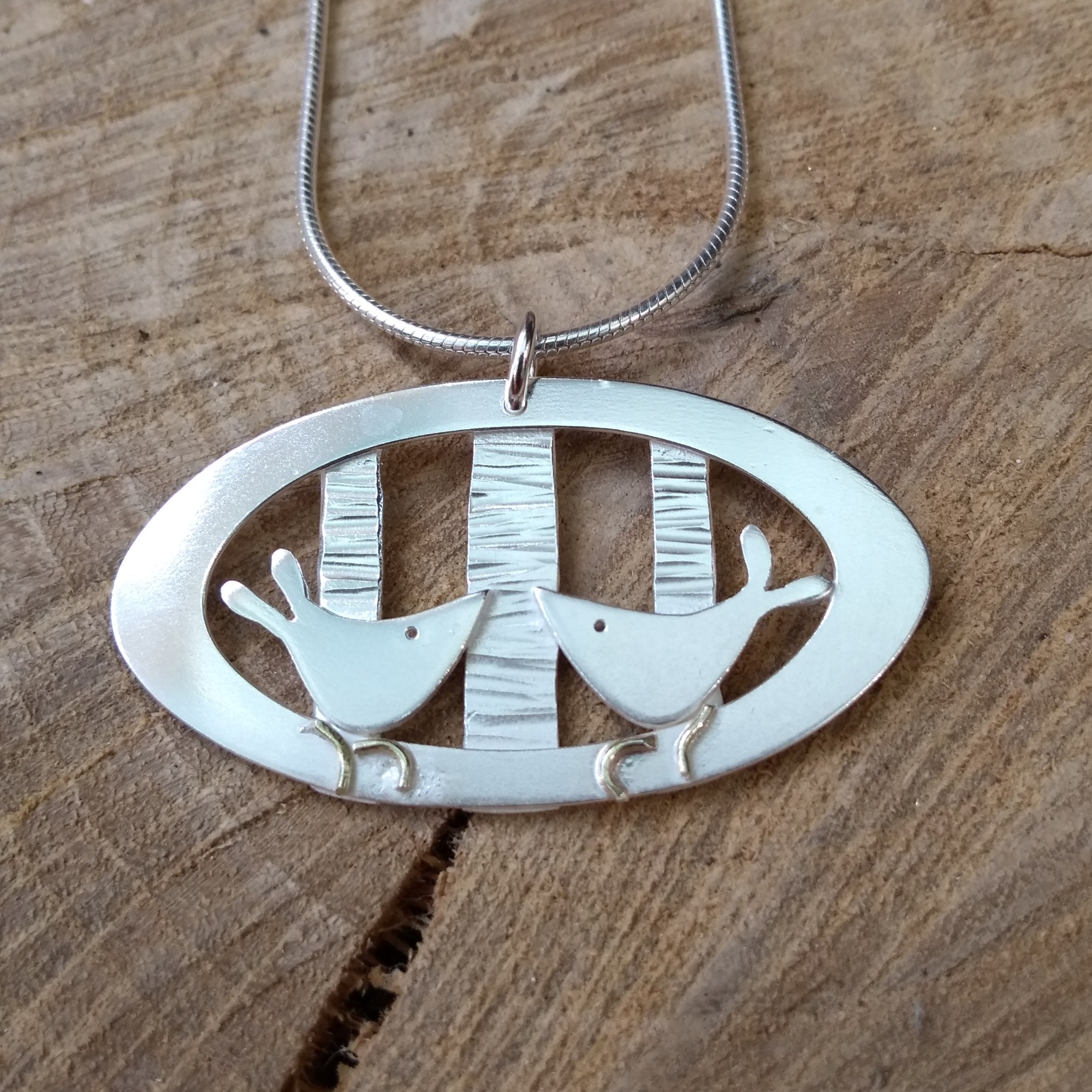 Silver birds and birch trees necklace