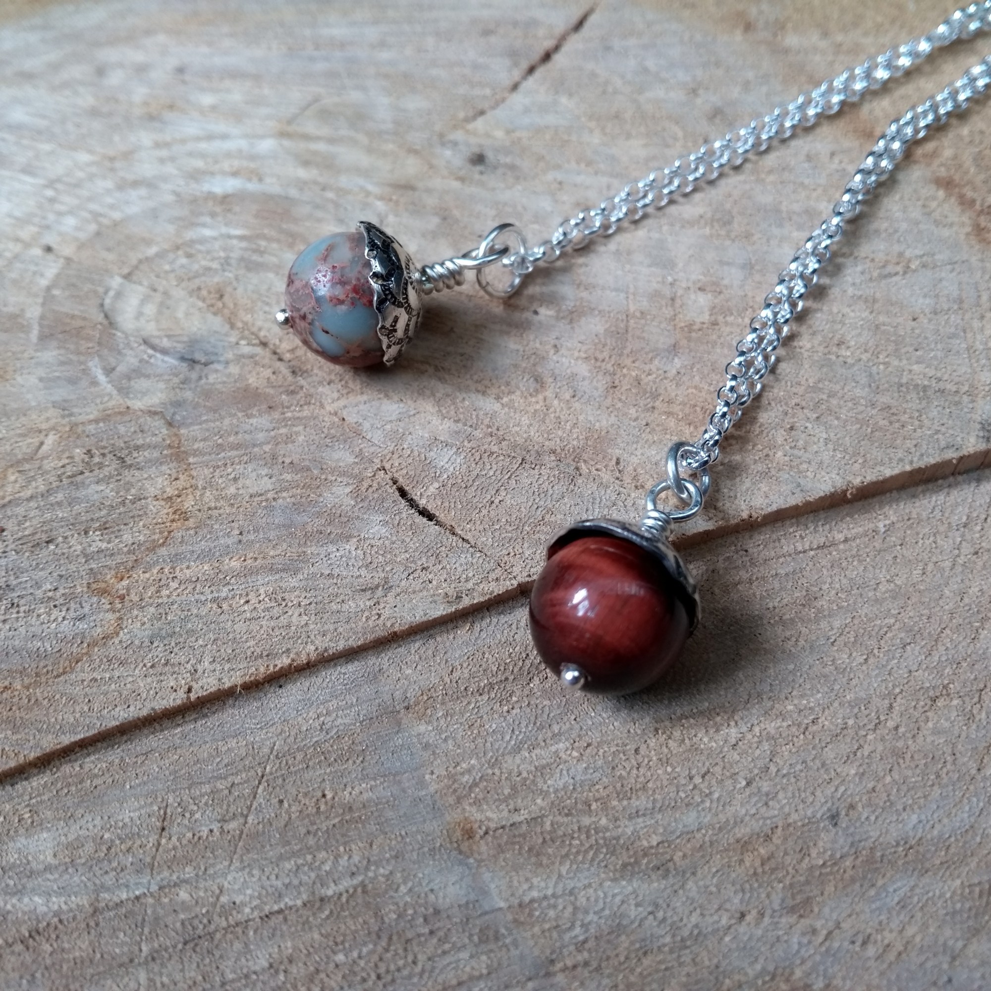 Silver acorn pendants with semi-precious stones