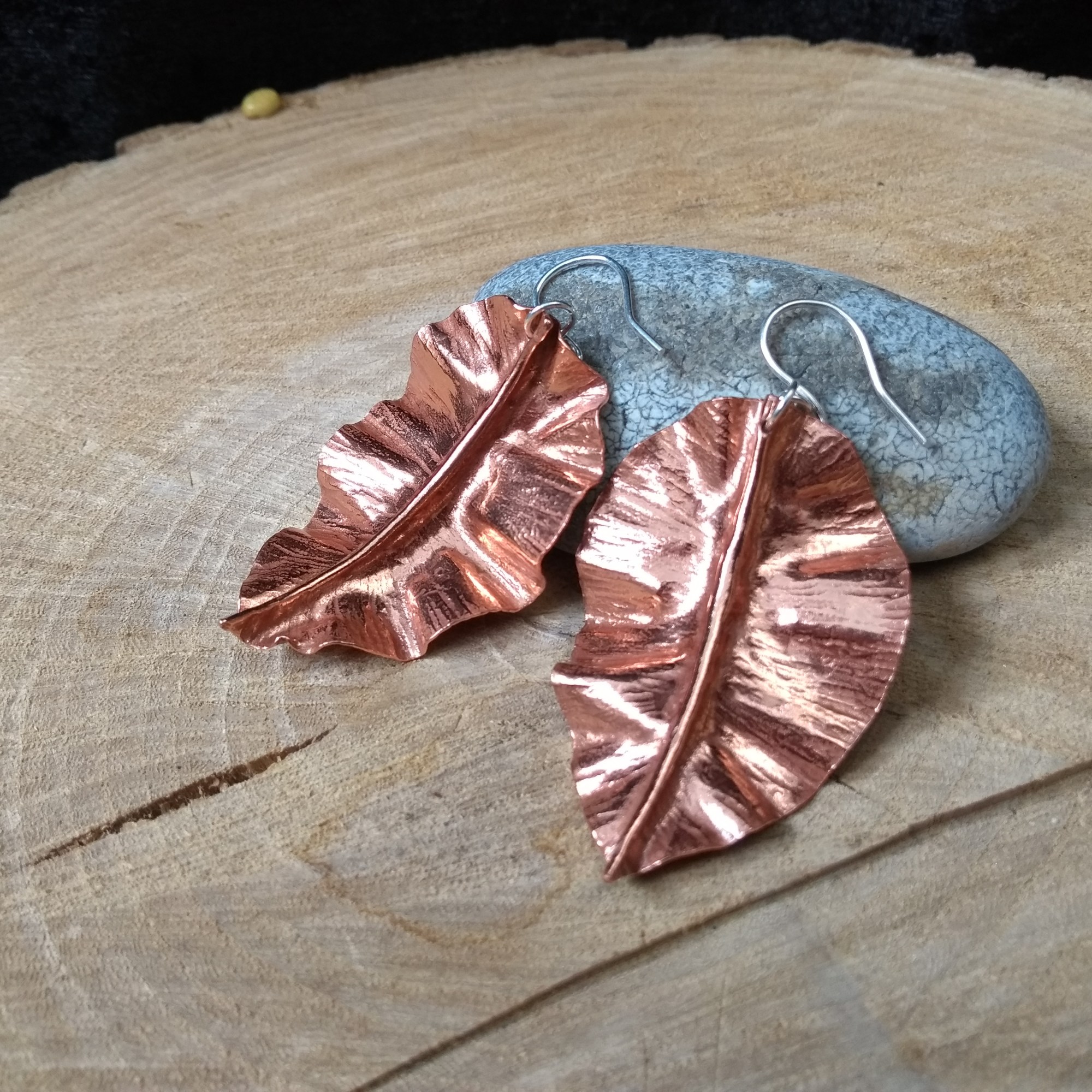 Copper fold formed leaf earrings